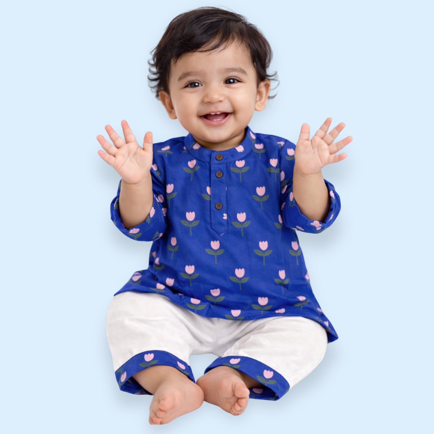 Pretty Flower Royal Blue Cotton Kurta Set