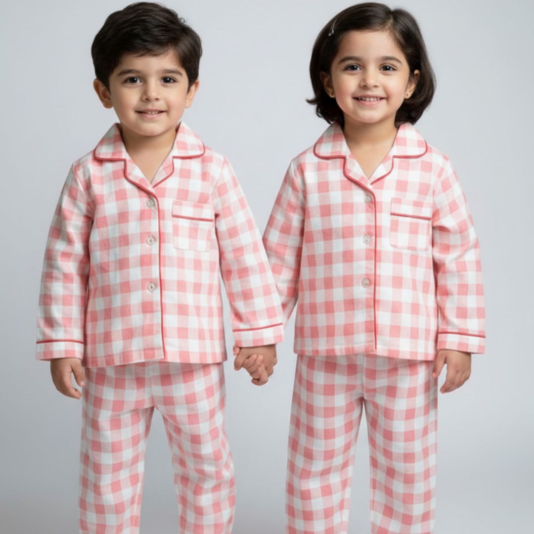 Pink Gingham Full Sleeves Night Suit