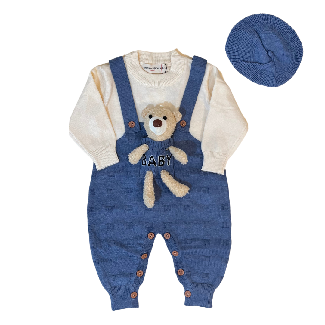 Blue Bear Knitted Romper with Cap + Toy