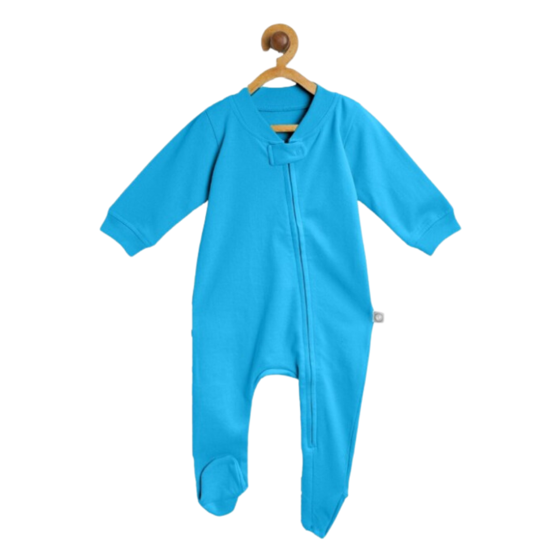 Kids Unisex Sky Blue Solid Zipped Cotton Sleepsuit