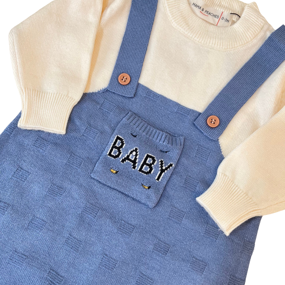 Blue Bear Knitted Romper with Cap + Toy