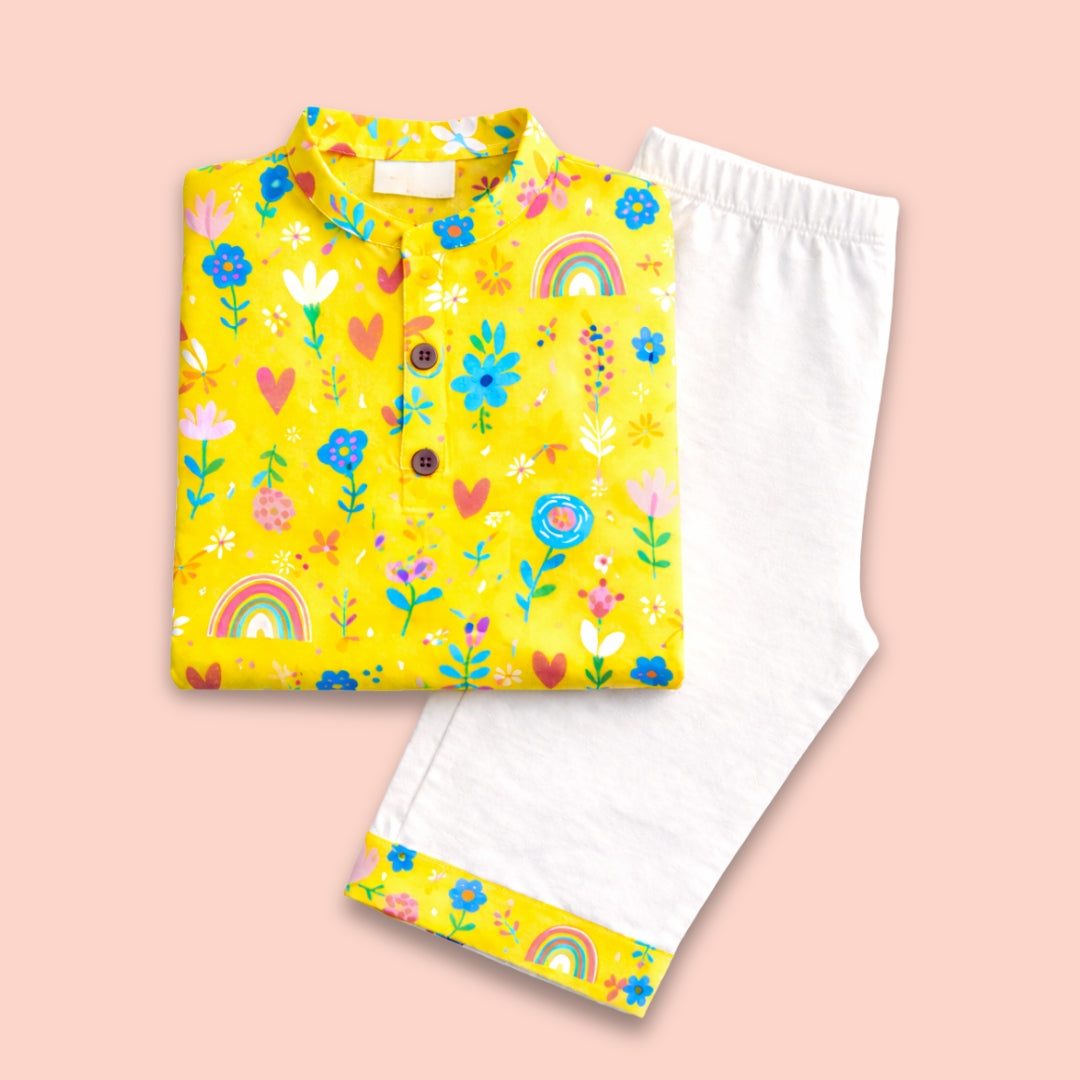 Yellow Floral Cotton Kurta Set