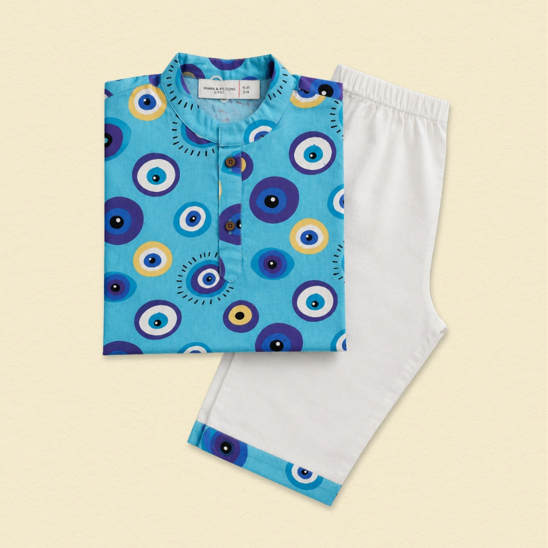 Evil Eye Blue Cotton Kurta Set