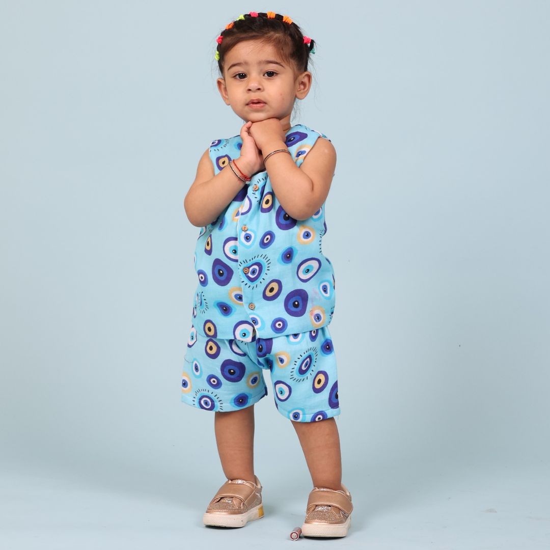 100% Cotton Muslin Jhabla Top with Shorts, Blue Evil Eye