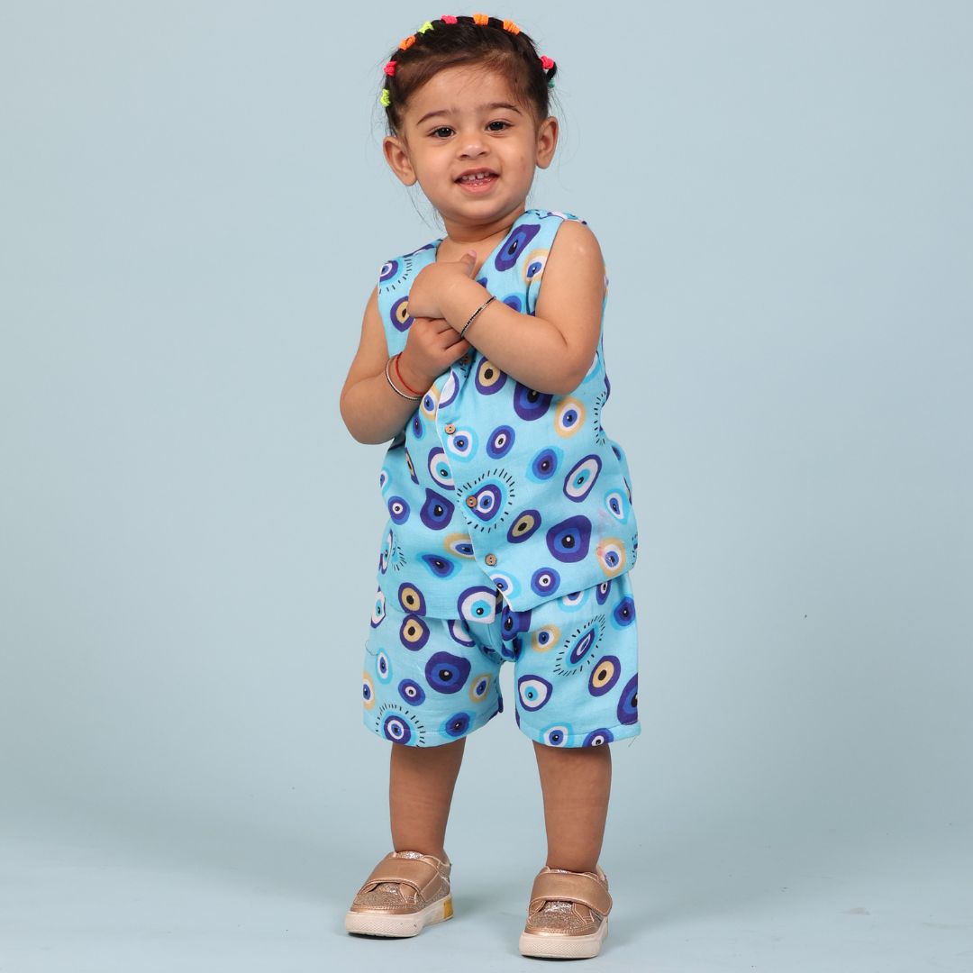 100% Cotton Muslin Jhabla Top with Shorts, Blue Evil Eye