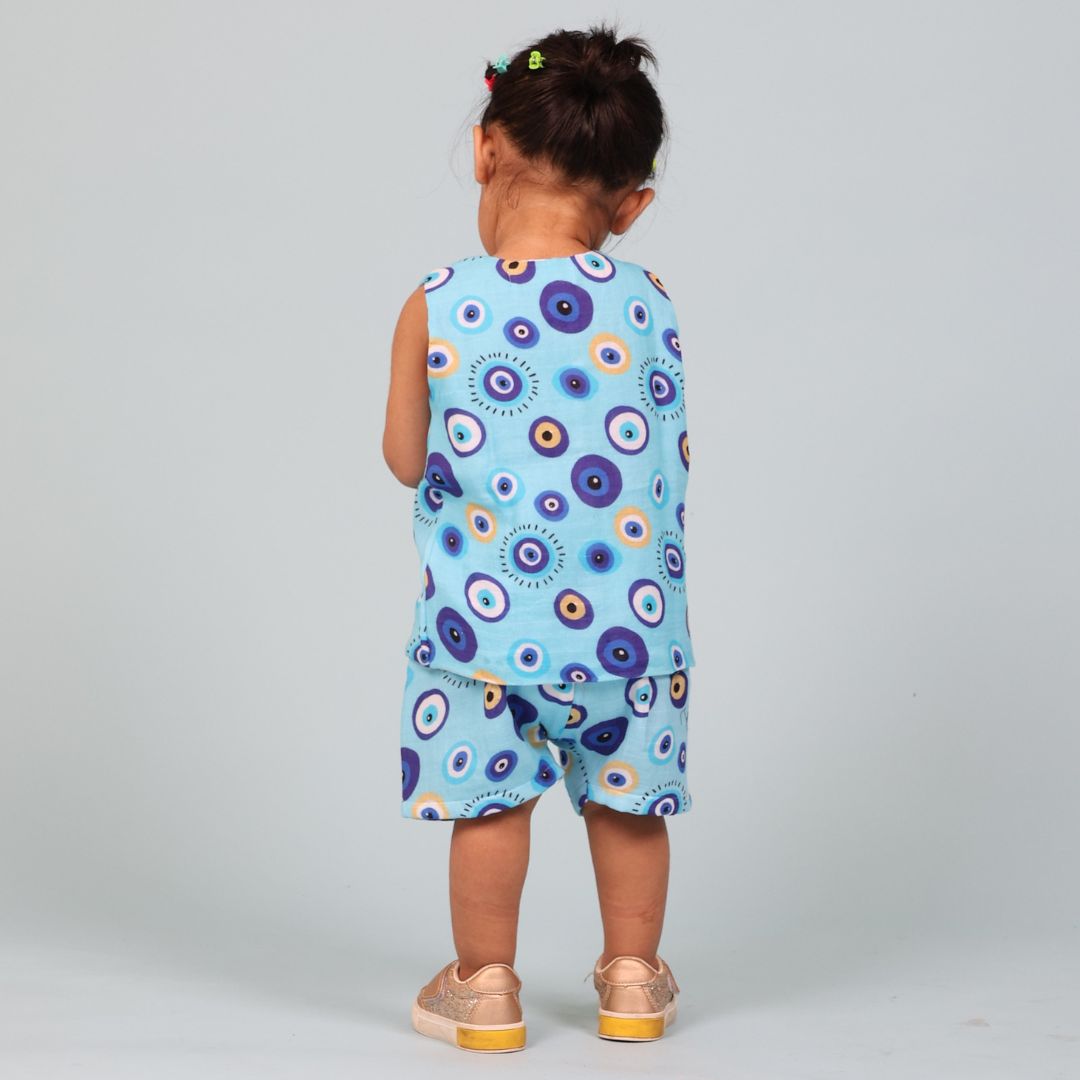 100% Cotton Muslin Jhabla Top with Shorts, Blue Evil Eye