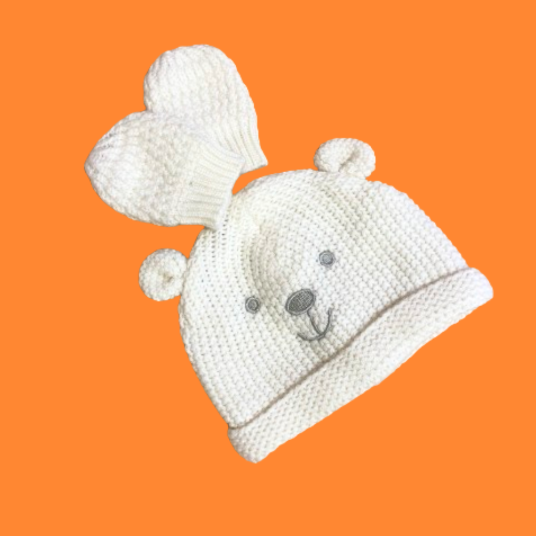 White Knitted Cap and Mittens Set