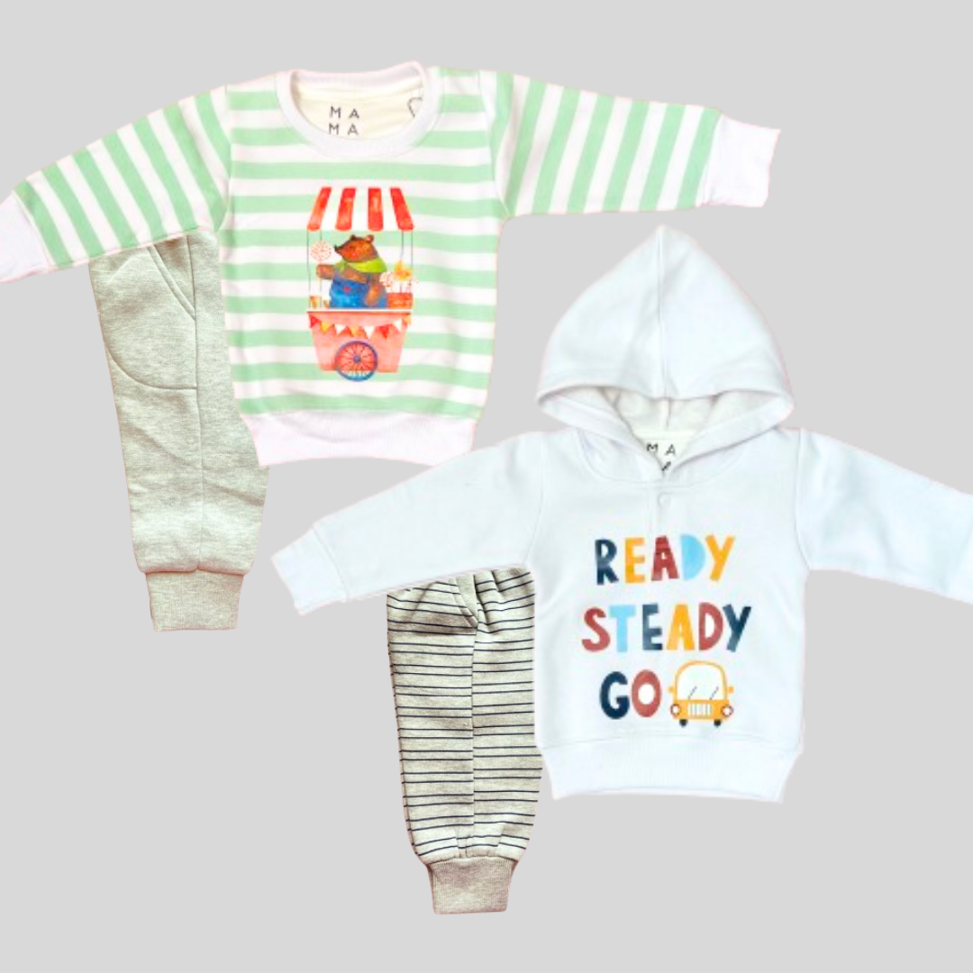 Combo of 2: Green Stripe Circus Bear &amp; White Ready Set Go 2-piece Sweatshirt Set