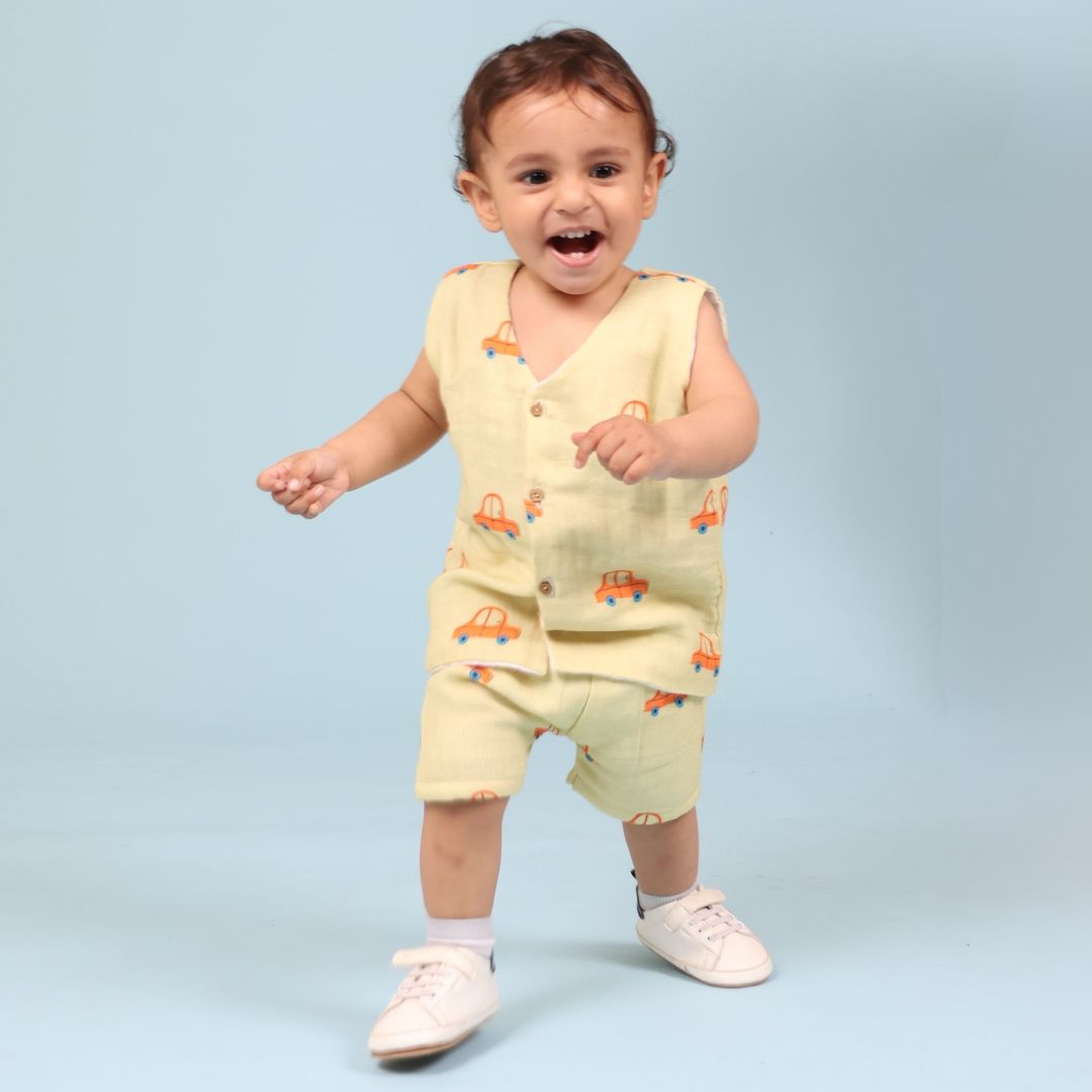 100% Cotton Muslin Jhabla Top with Shorts, Cars