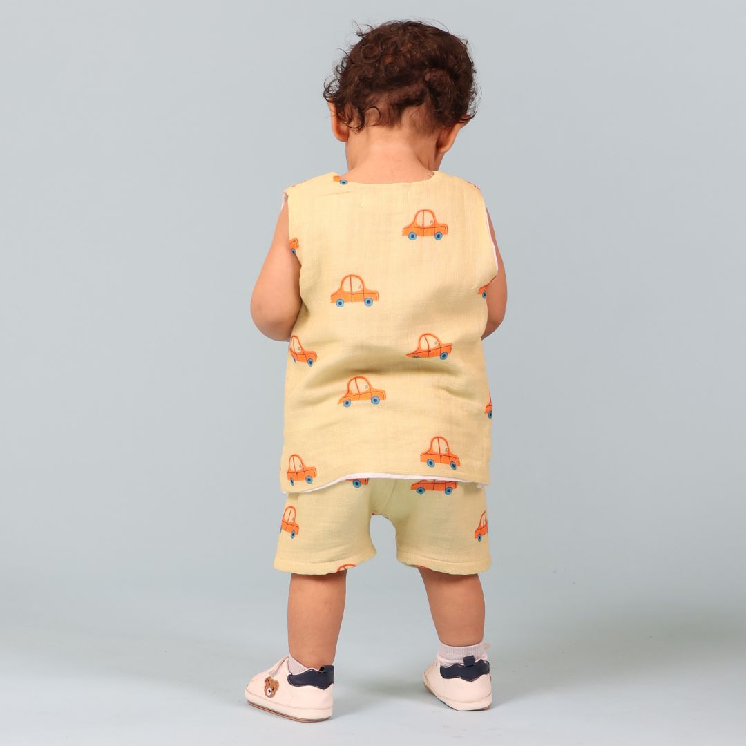 100% Cotton Muslin Jhabla Top with Shorts, Cars