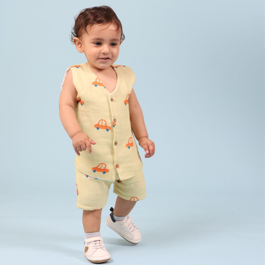 100% Cotton Muslin Jhabla Top with Shorts, Cars