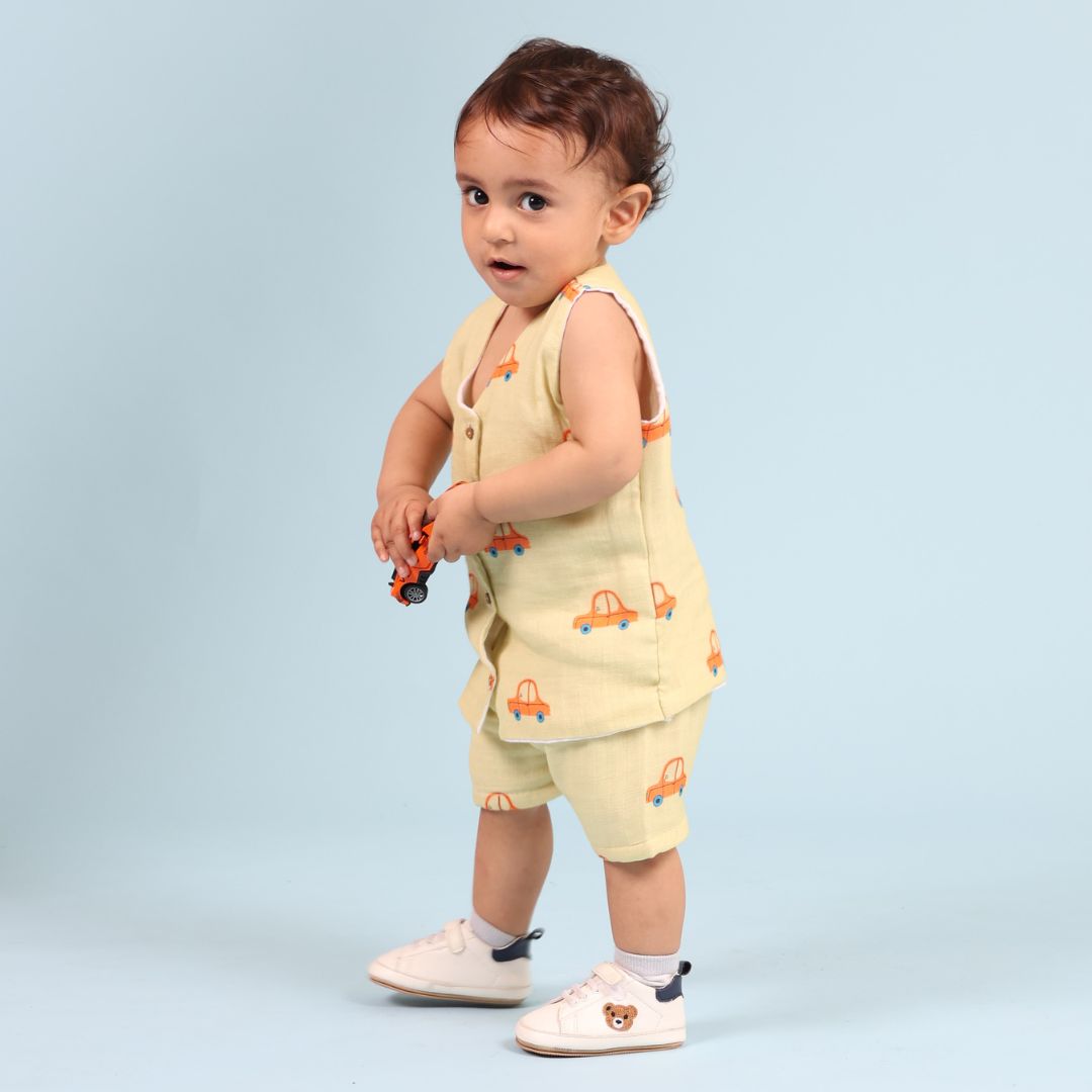 100% Cotton Muslin Jhabla Top with Shorts, Cars