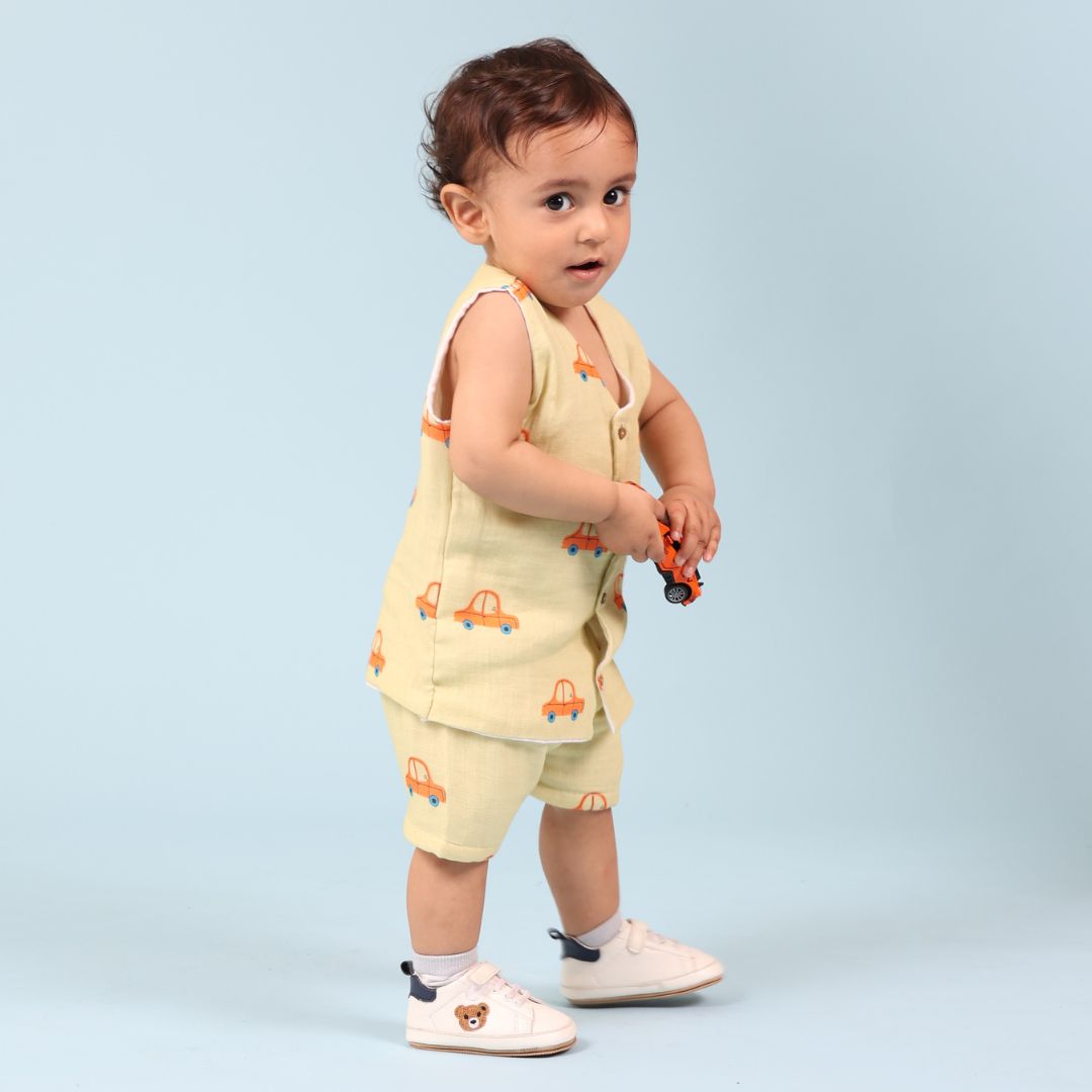 100% Cotton Muslin Jhabla Top with Shorts, Cars