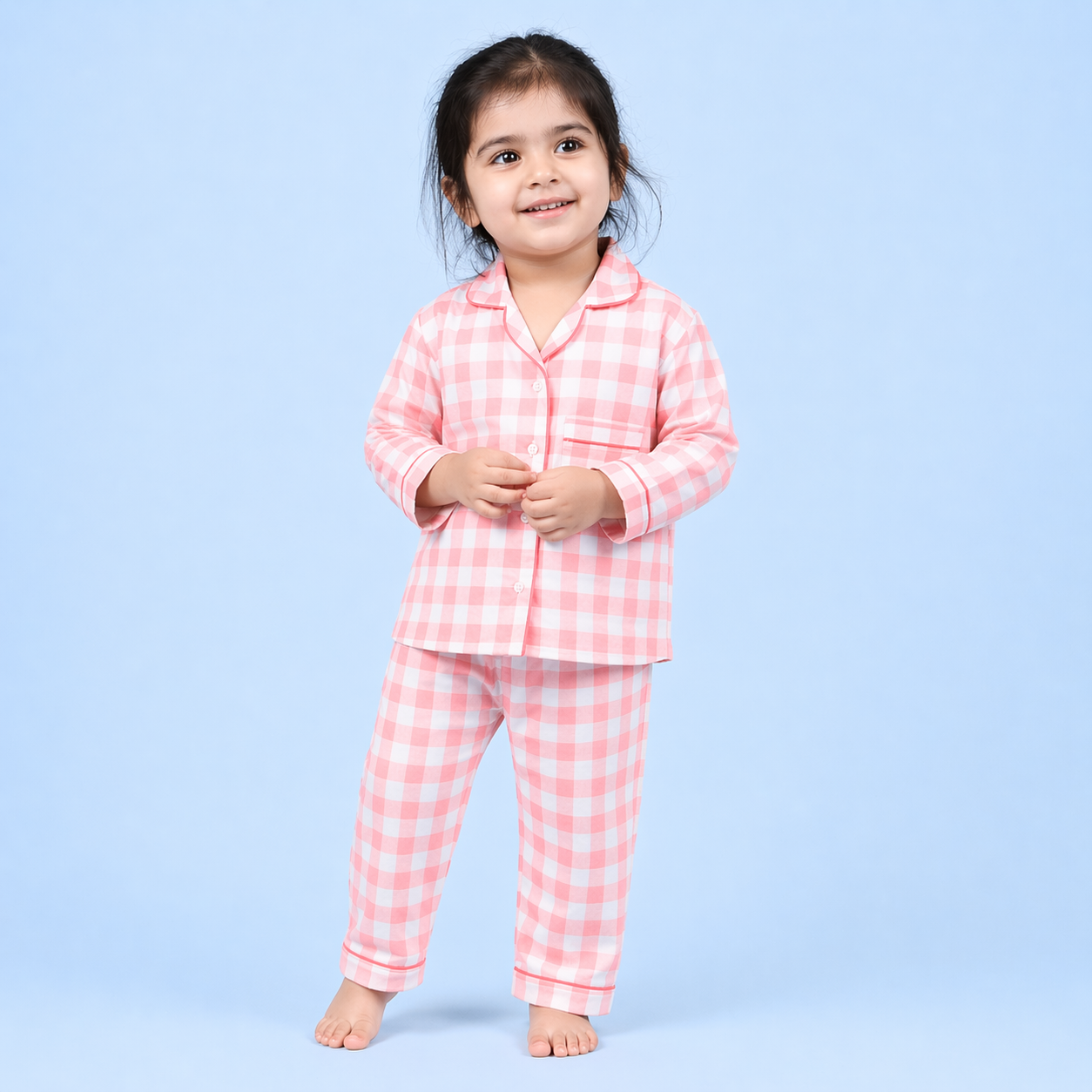 Pink Gingham Full Sleeves Night Suit