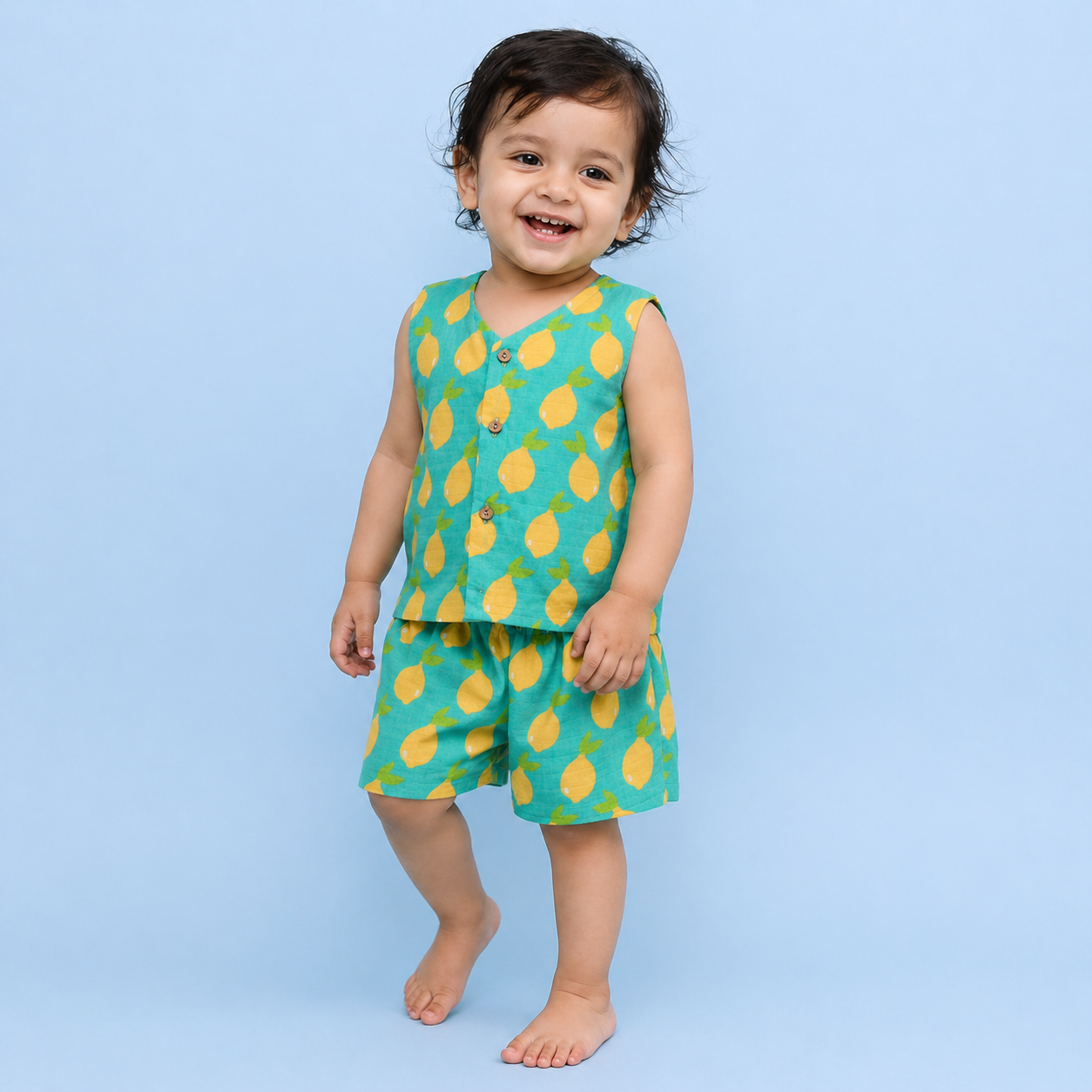Zingy Lemons Muslin Jhabla Top with Shorts