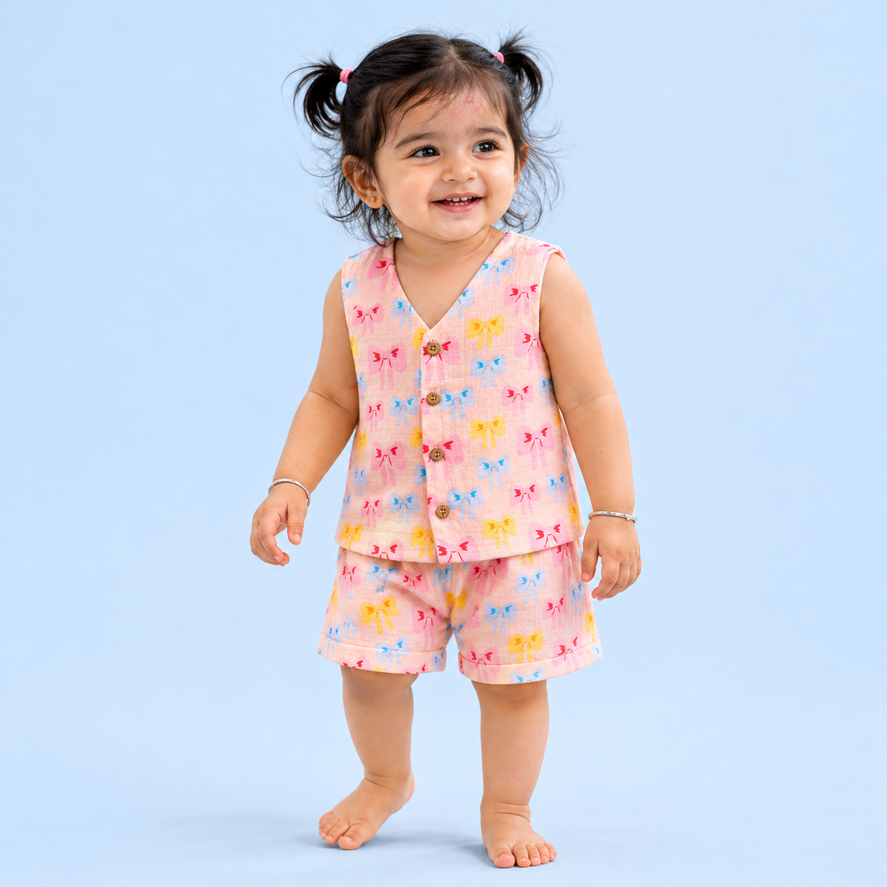 Cute Bows Muslin Jhabla Top with Shorts