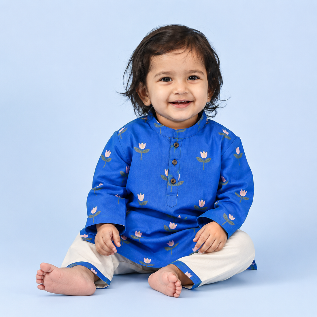 Pretty Flower Royal Blue Cotton Kurta Set