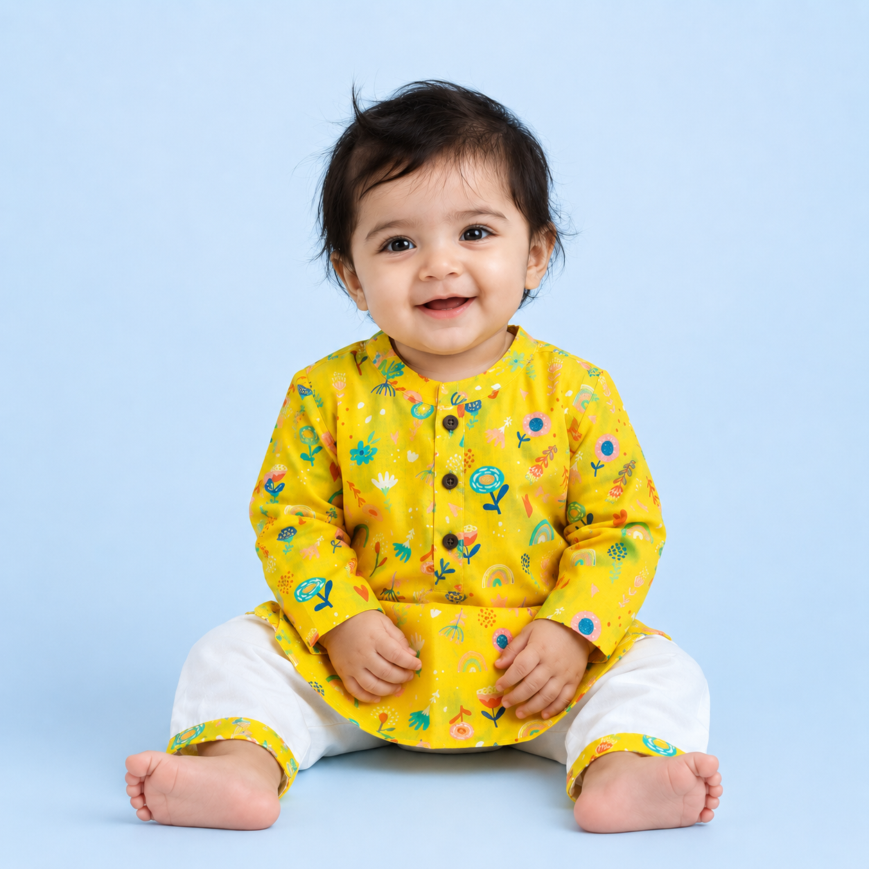 Yellow Floral Cotton Kurta Set