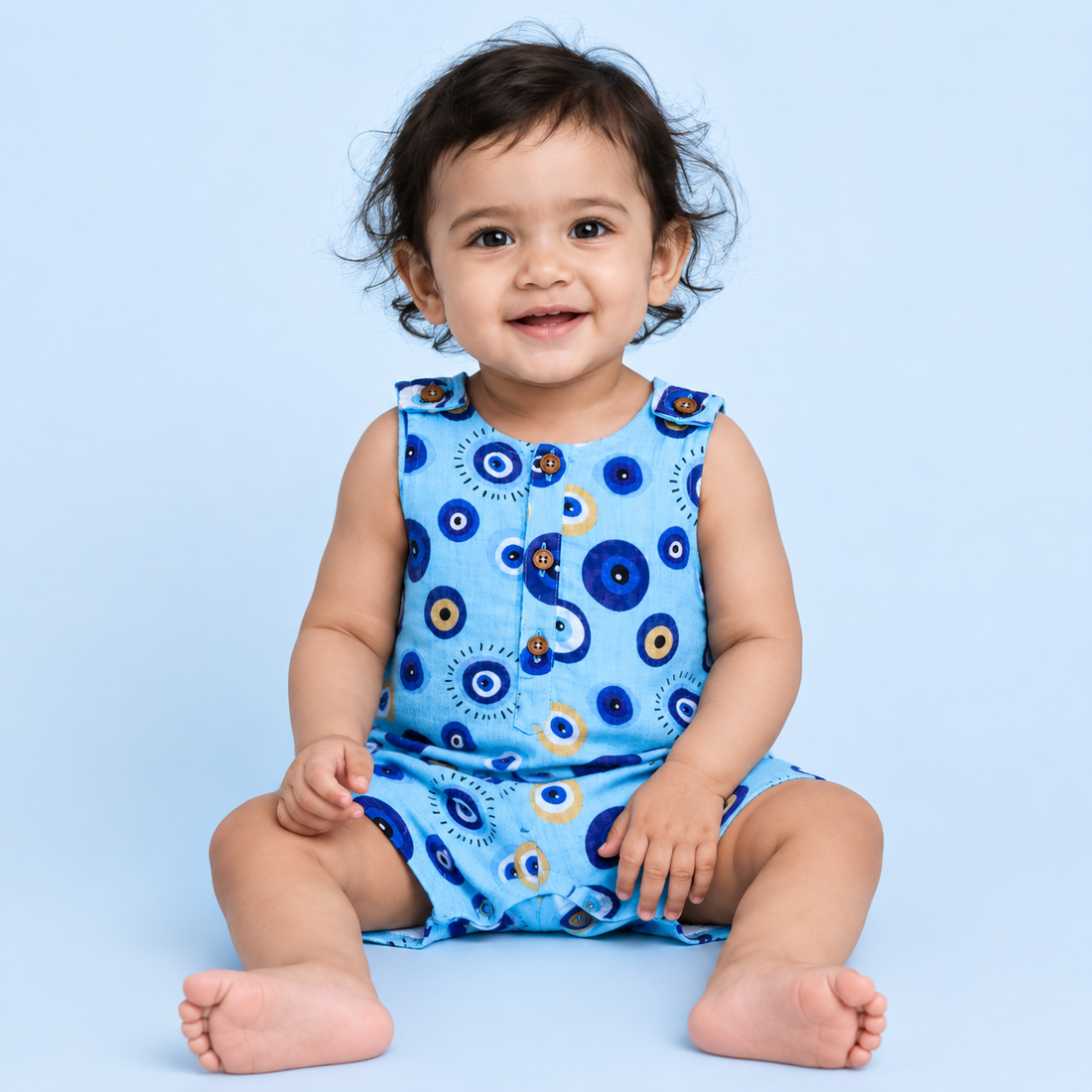 Blue Evil Eye Muslin Double Layer Romper
