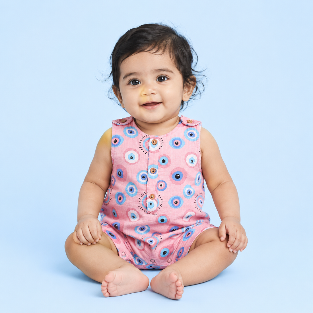 Pink Evil Eye Muslin Double Layer Romper