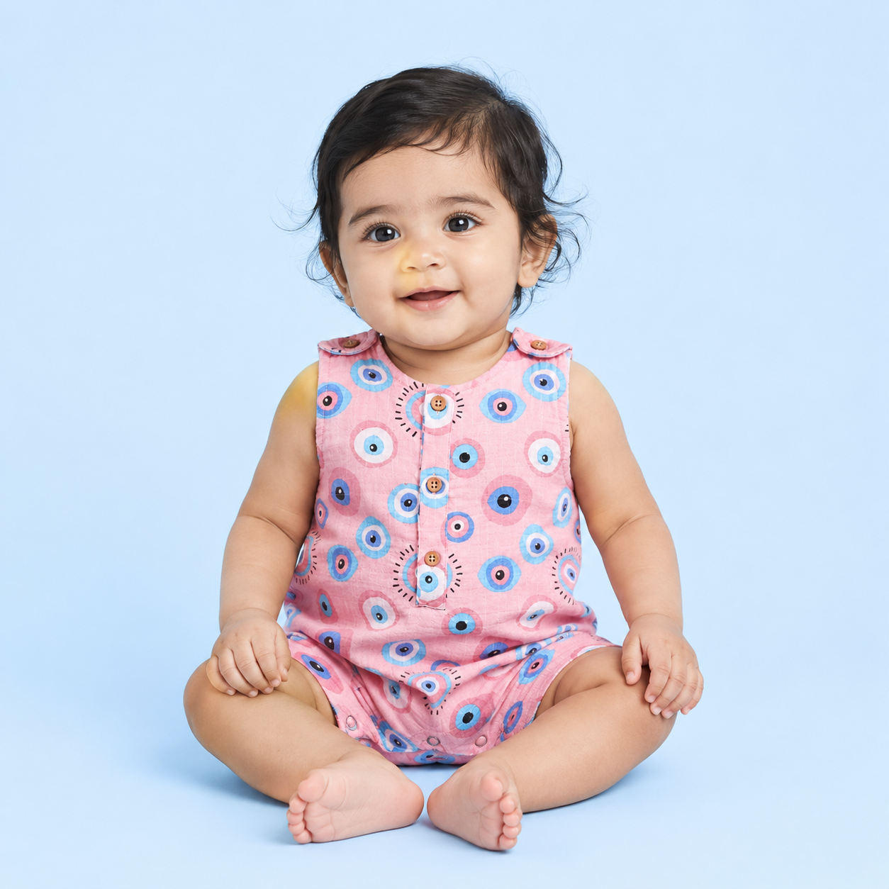 Pink Evil Eye Muslin Double Layer Romper