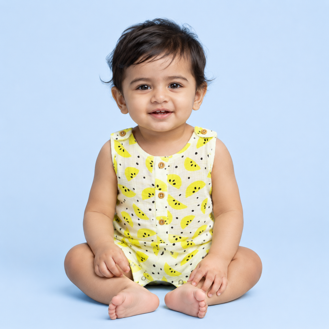 Yellow Lemons Muslin Double Layer Romper
