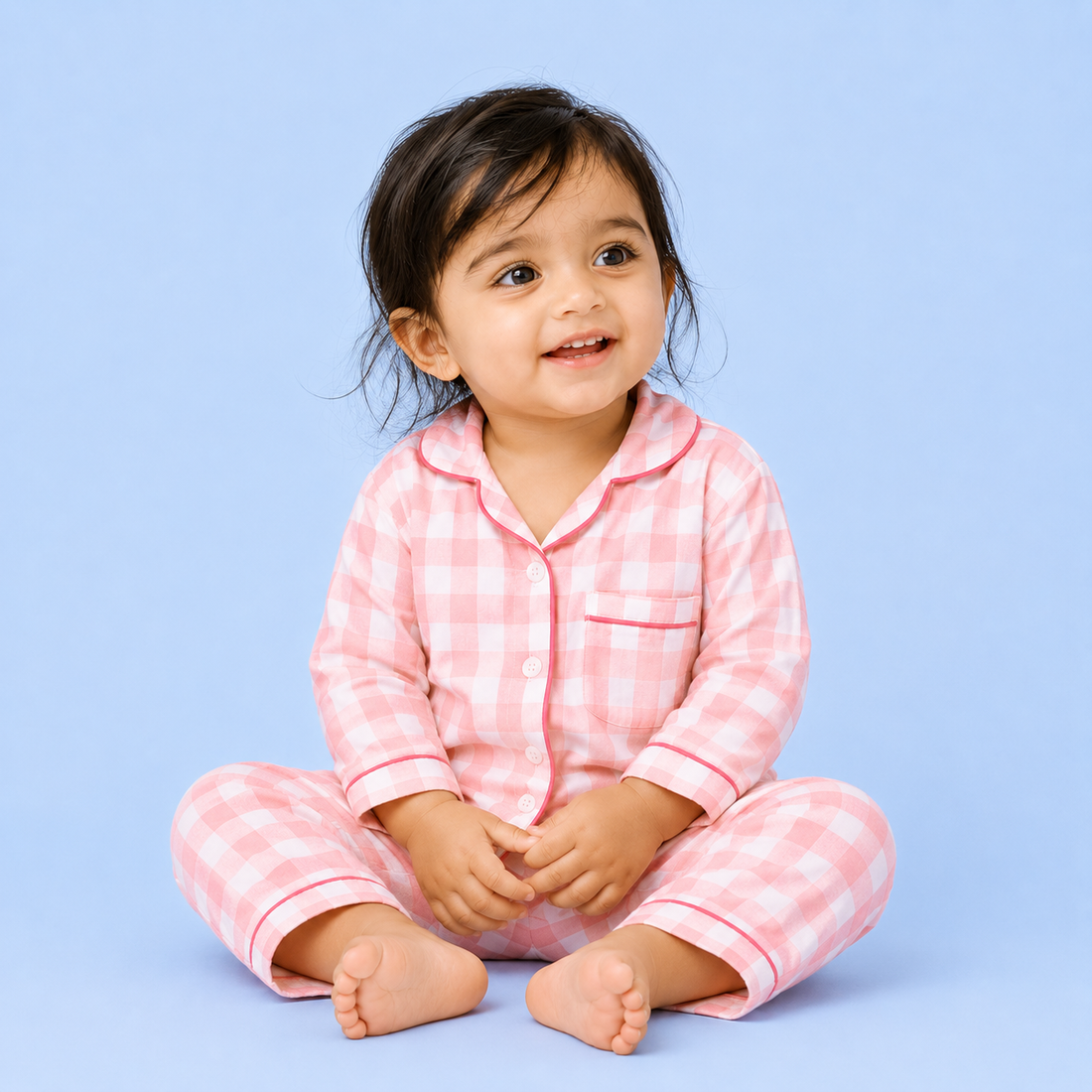 Pink Gingham Full Sleeves Night Suit