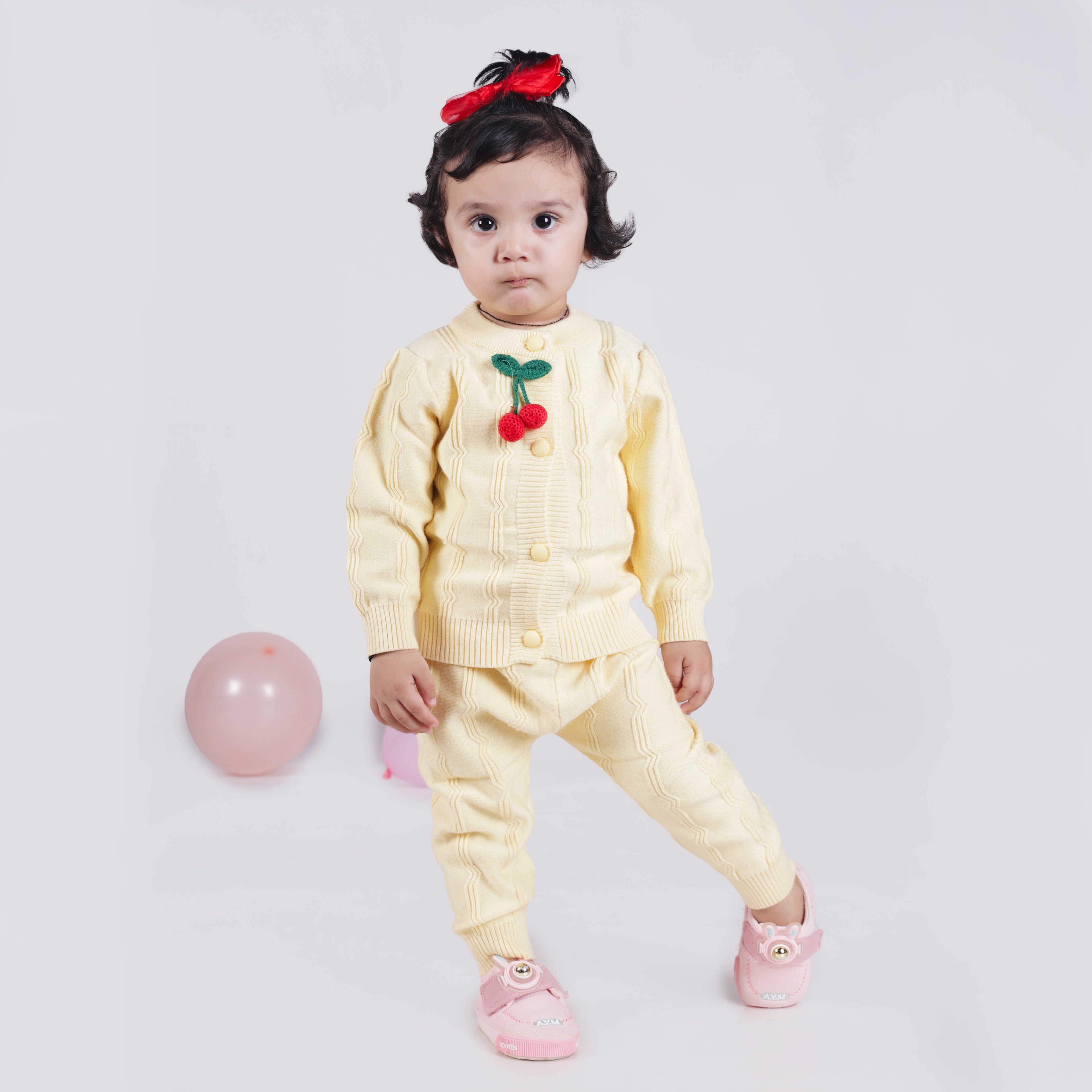 Cherry Applique Knitted Winter Co-Ord Set - Yellow