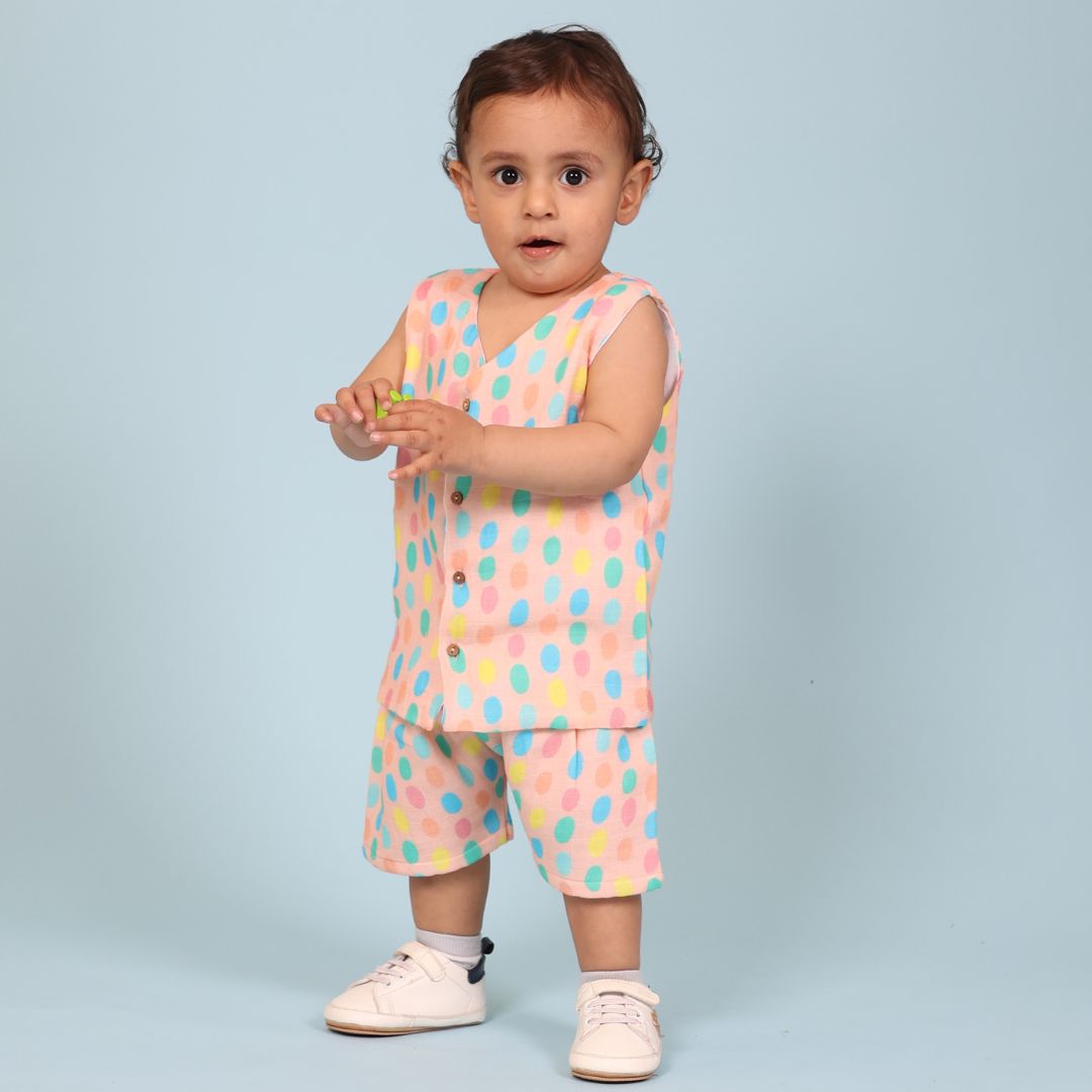 100% Cotton Muslin Jhabla Top with Shorts, Colorful Polka