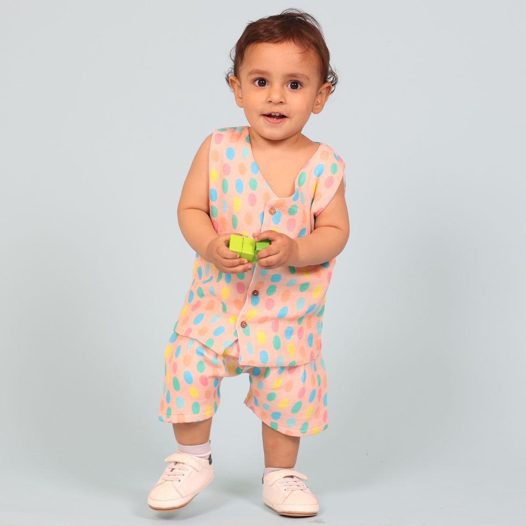 100% Cotton Muslin Jhabla Top with Shorts, Colorful Polka