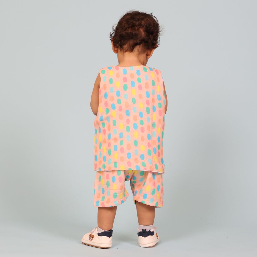 100% Cotton Muslin Jhabla Top with Shorts, Colorful Polka