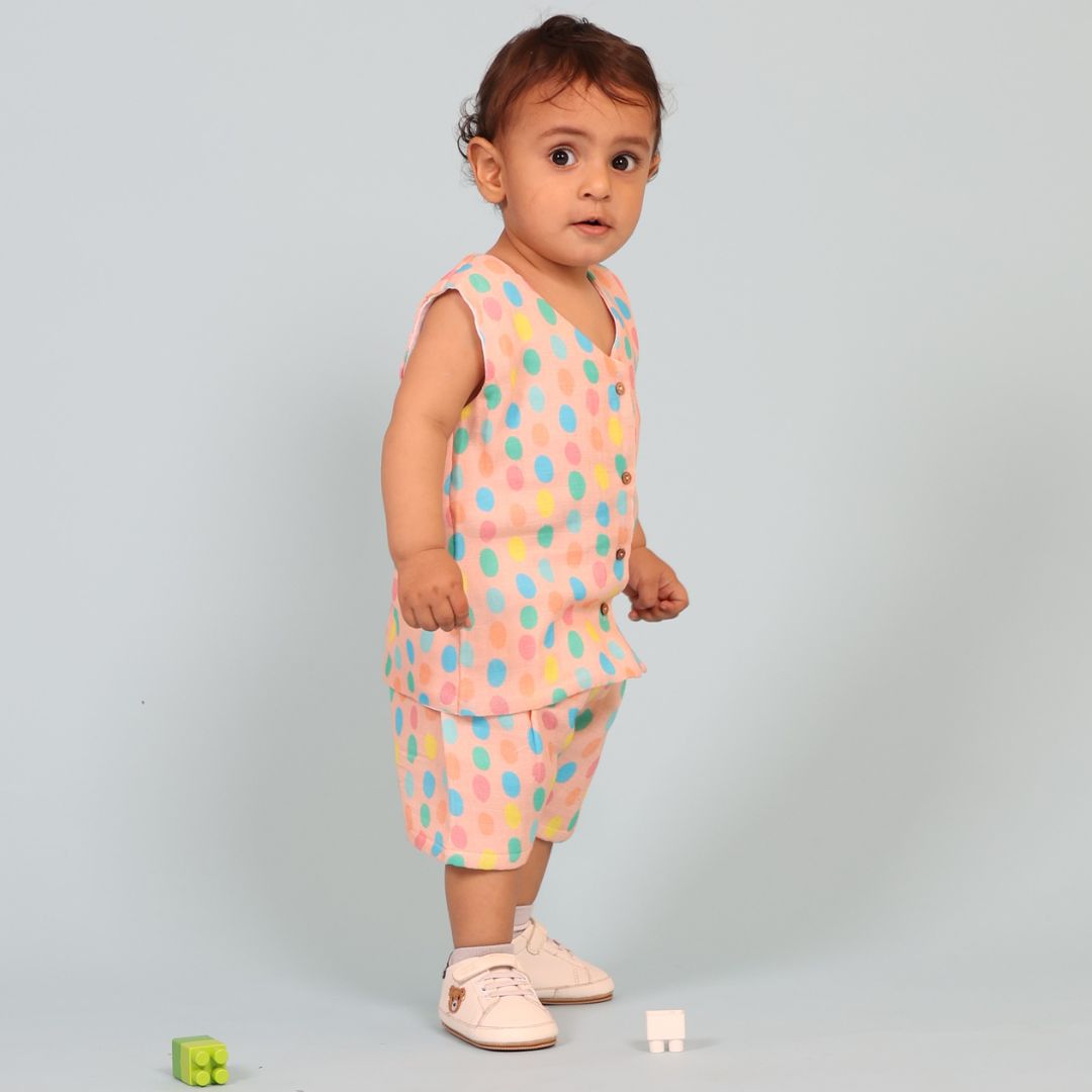 100% Cotton Muslin Jhabla Top with Shorts, Colorful Polka