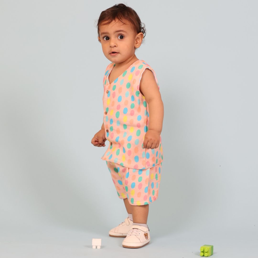 100% Cotton Muslin Jhabla Top with Shorts, Colorful Polka