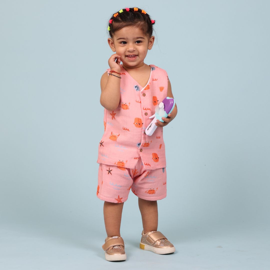 Crabs Muslin Jhabla Top with Shorts: A cute, breathable cotton set featuring a white jhabla top with red crab prints and
