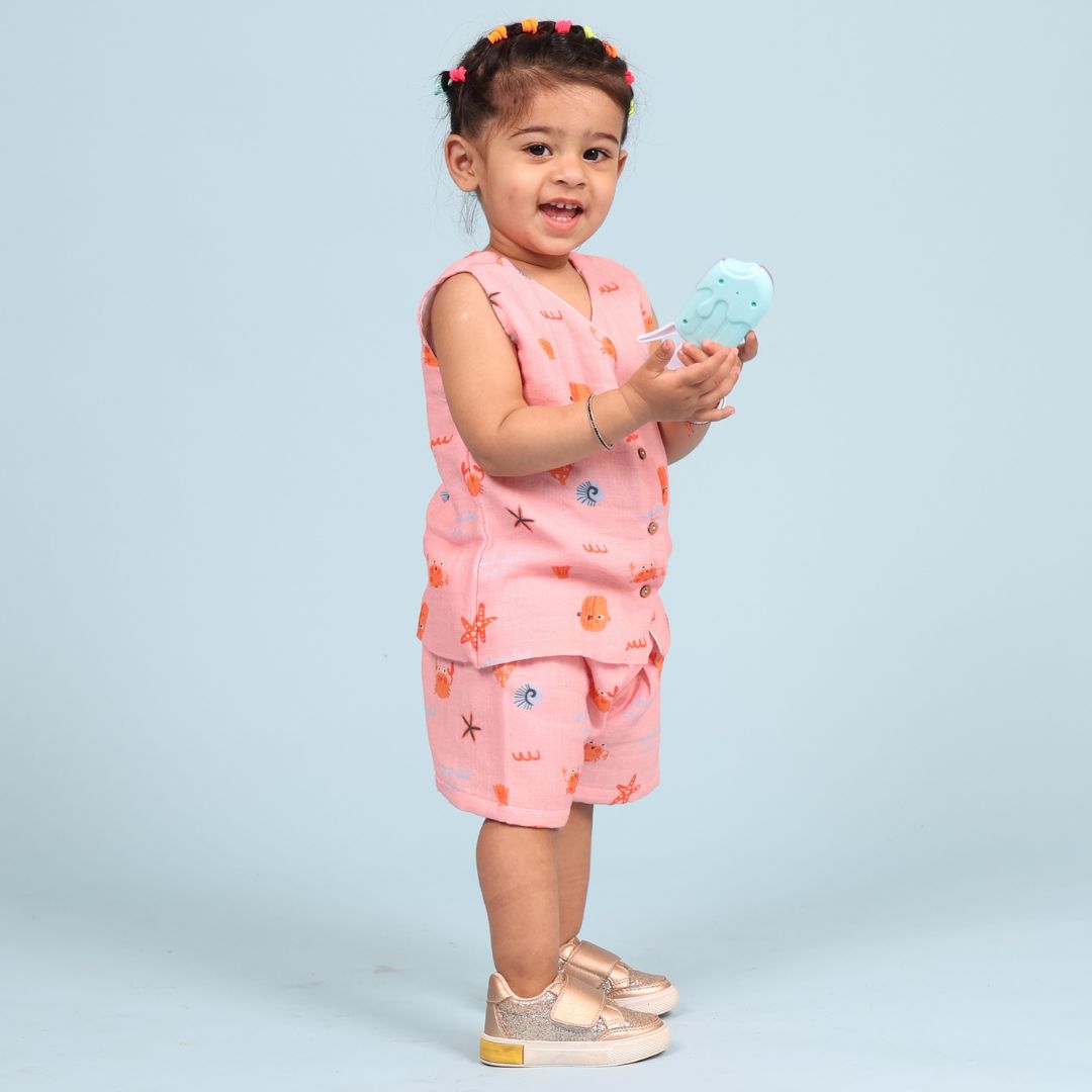 100% Cotton Muslin Jhabla Top with Shorts, Crabs