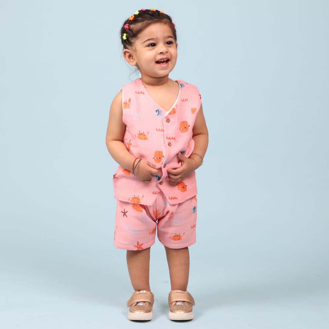 100% Cotton Muslin Jhabla Top with Shorts, Crabs