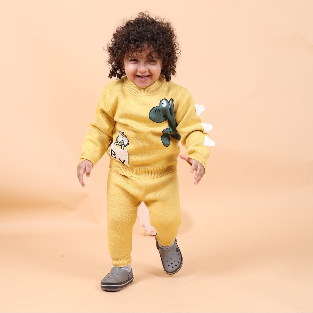 Cute Dino Knitted Winter Co-ord Set- Yellow