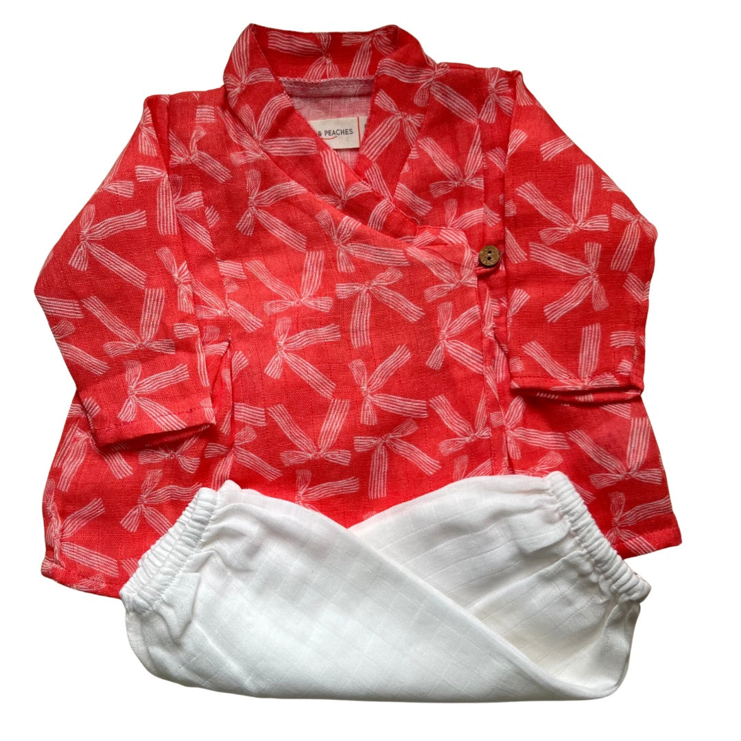 Red Bows Muslin Angrakha Set