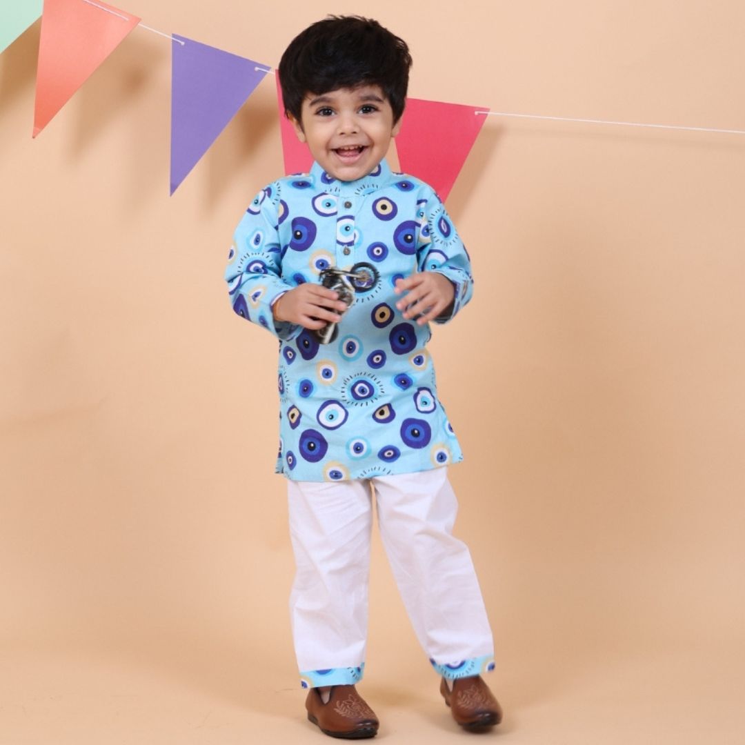 Evil Eye Blue Cotton Kurta Set