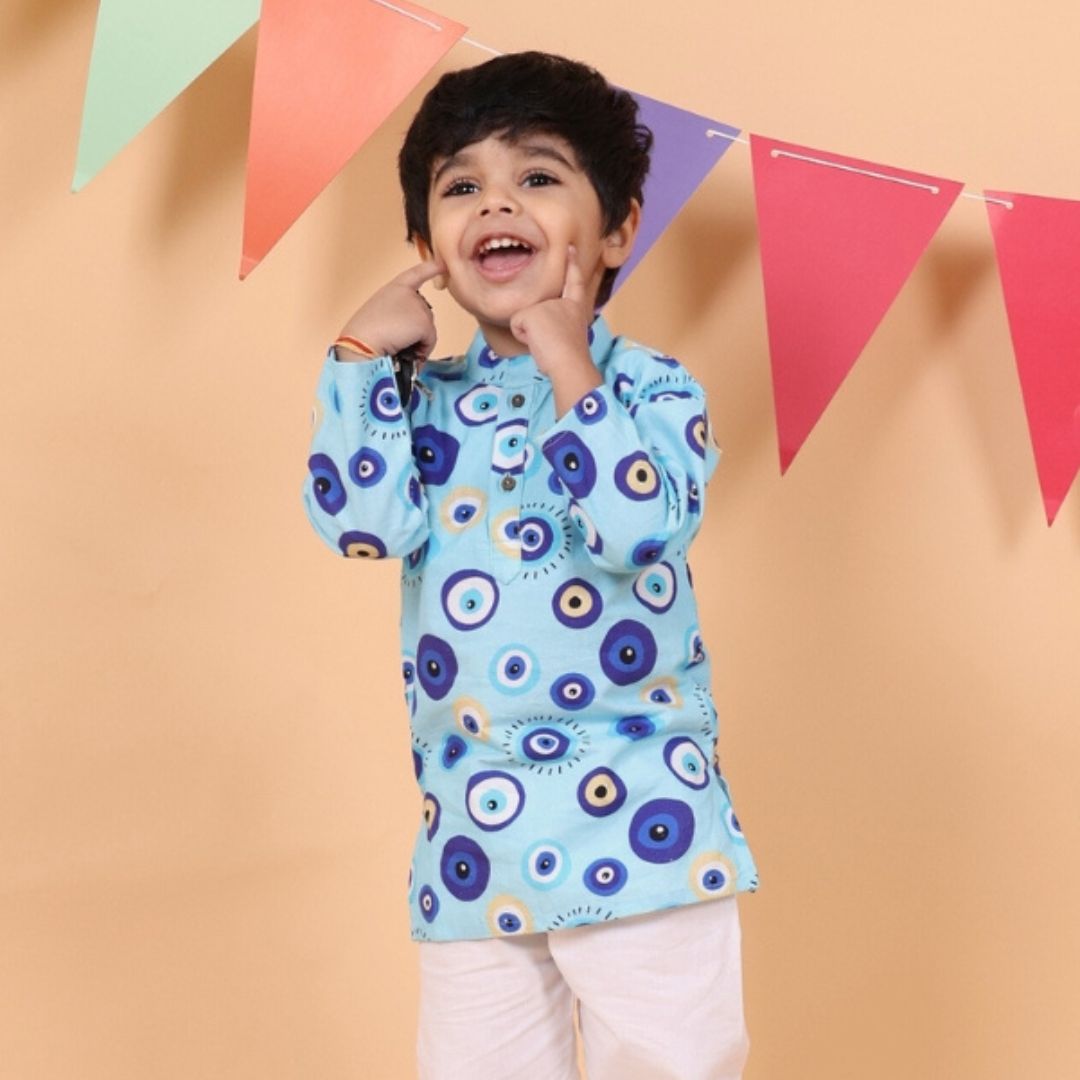 Evil Eye Blue Cotton Kurta Set