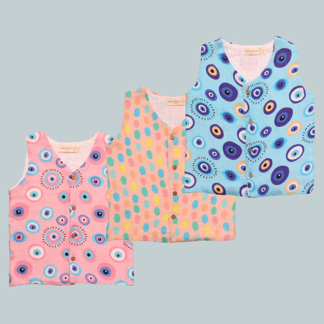 Muslin Vest 3pc Combo - Blue Evil Eye, Pink Evil Eye &amp; Colourful Polka