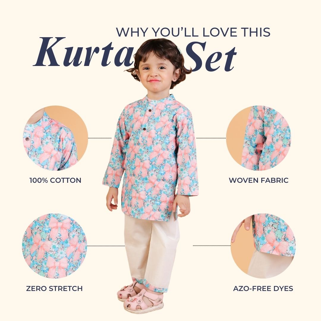 100% Cotton Kurta Set, Floral Bows