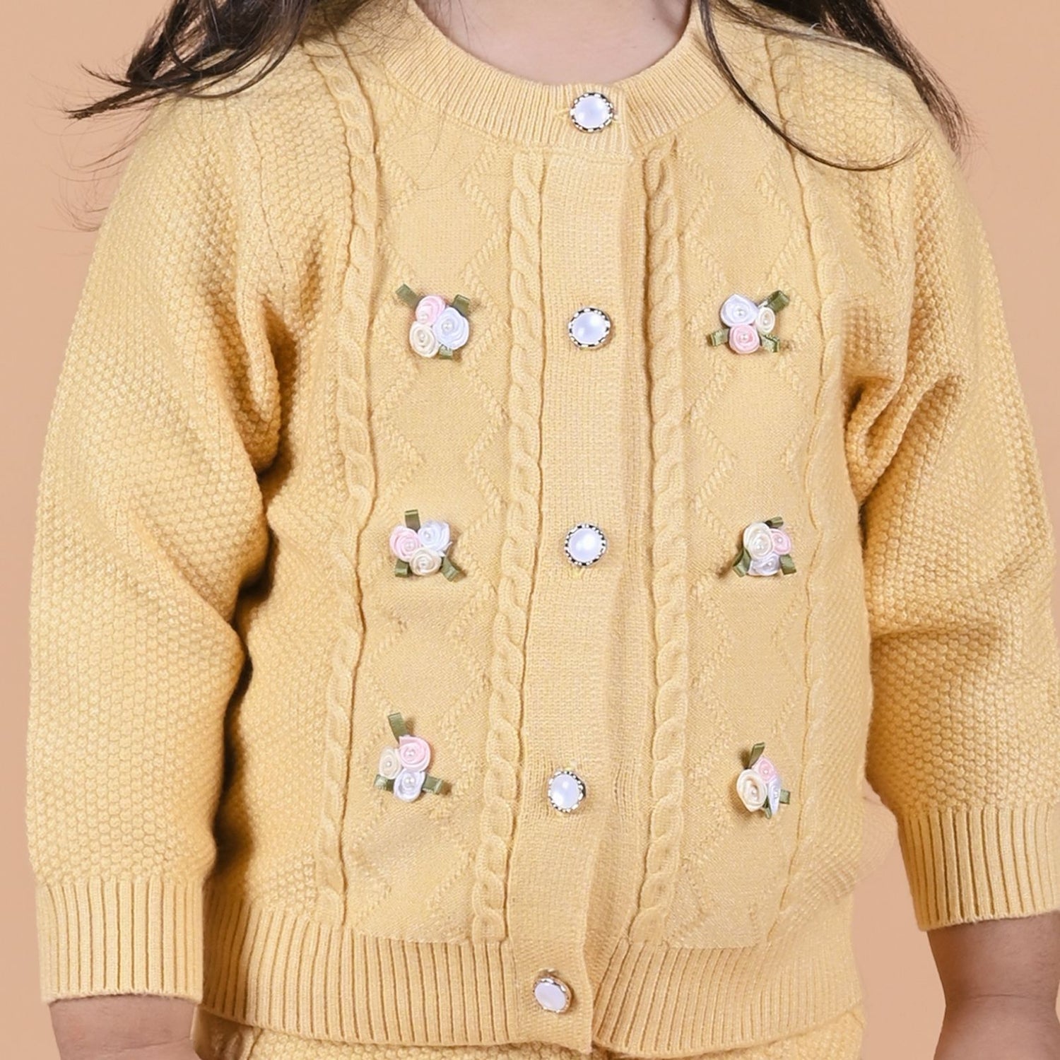 Flower Cable Knit Winter Co-Ord Set - Yellow