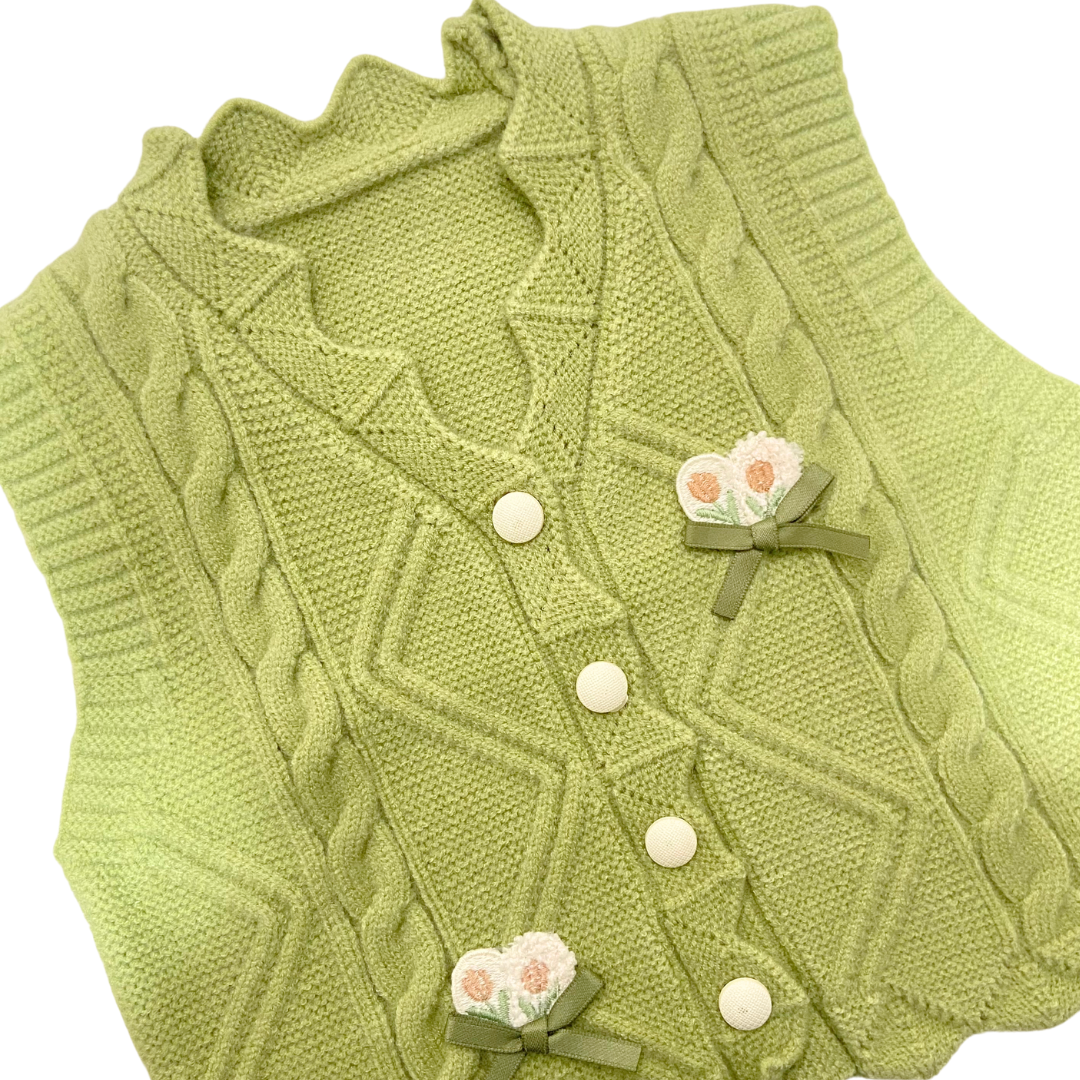 Mama &amp; Peaches Flowers Cable knit Sweater 2pc set - Green