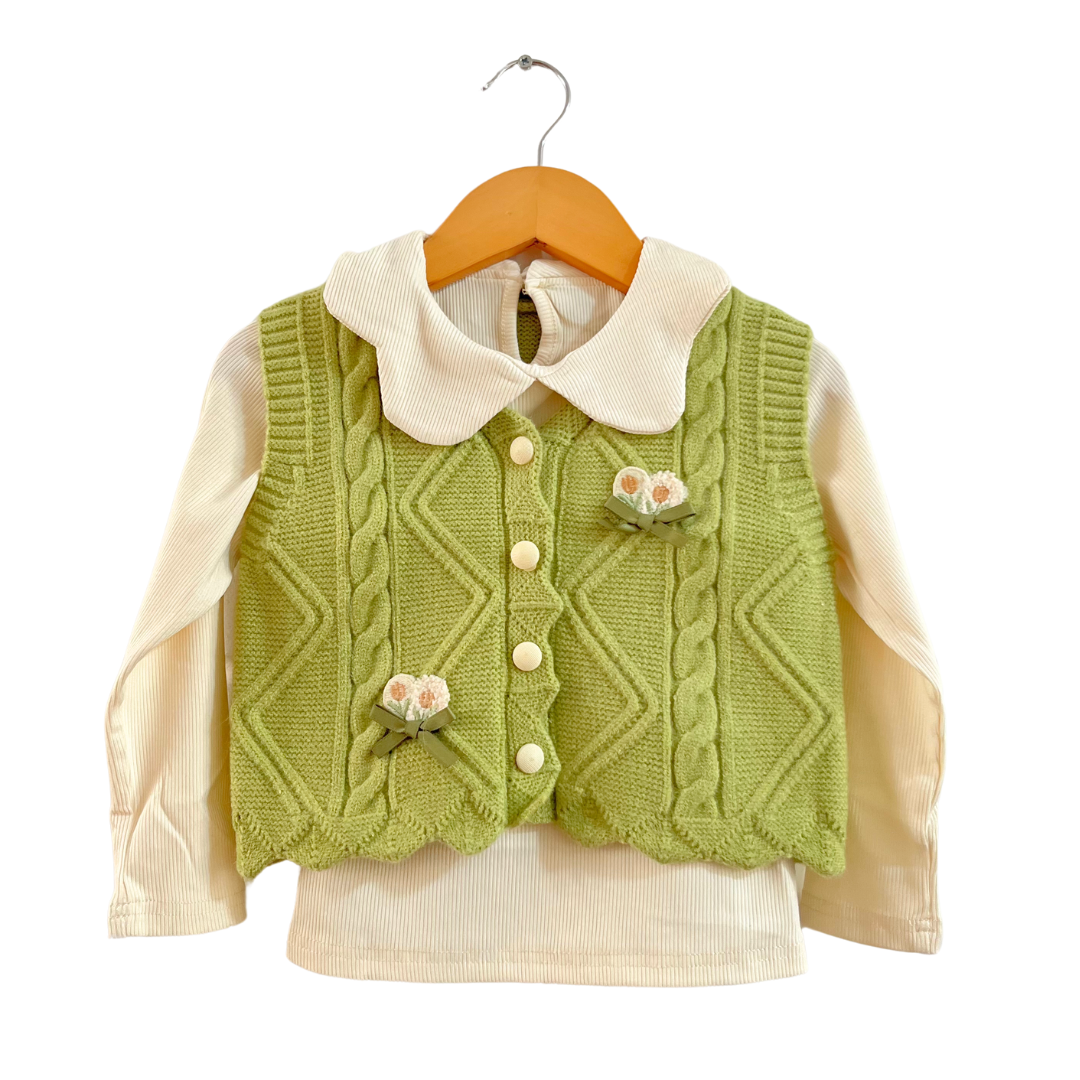 Mama &amp; Peaches Flowers Cable knit Sweater 2pc set - Green