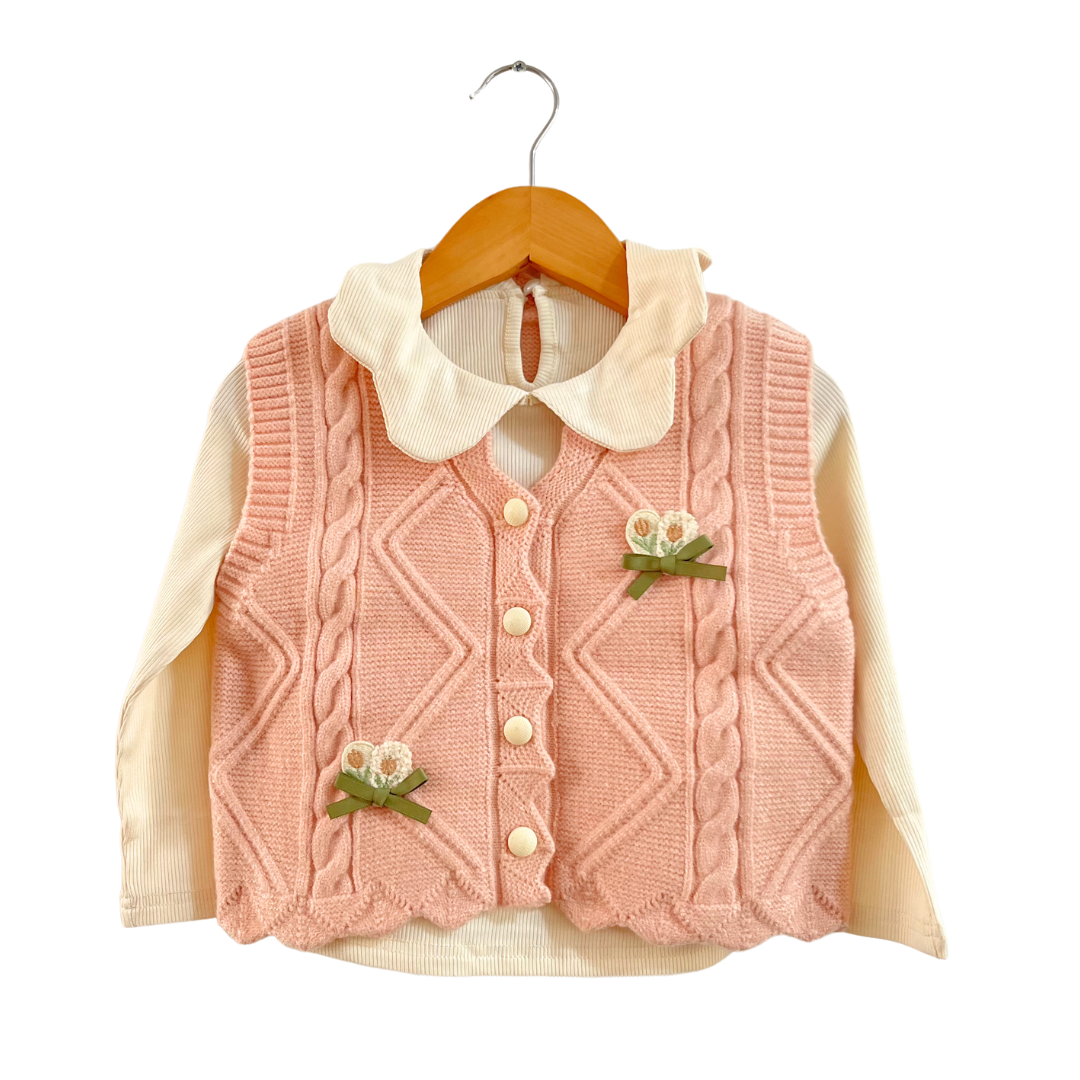 Mama &amp; Peaches Flowers Cable knit Sweater 2pc set - Pink