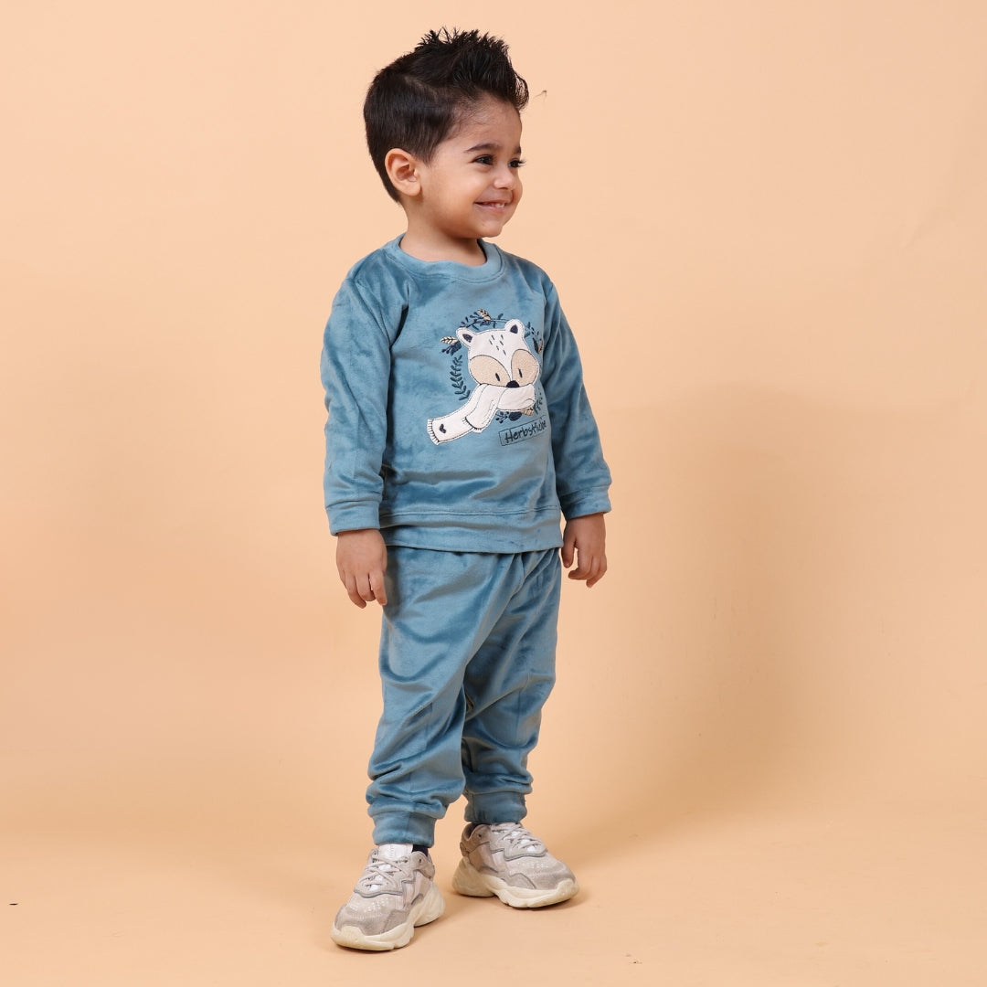 Teal Fox Velvet Winter Co-Ord Set, showing a soft velvet loungewear set with a fox print.