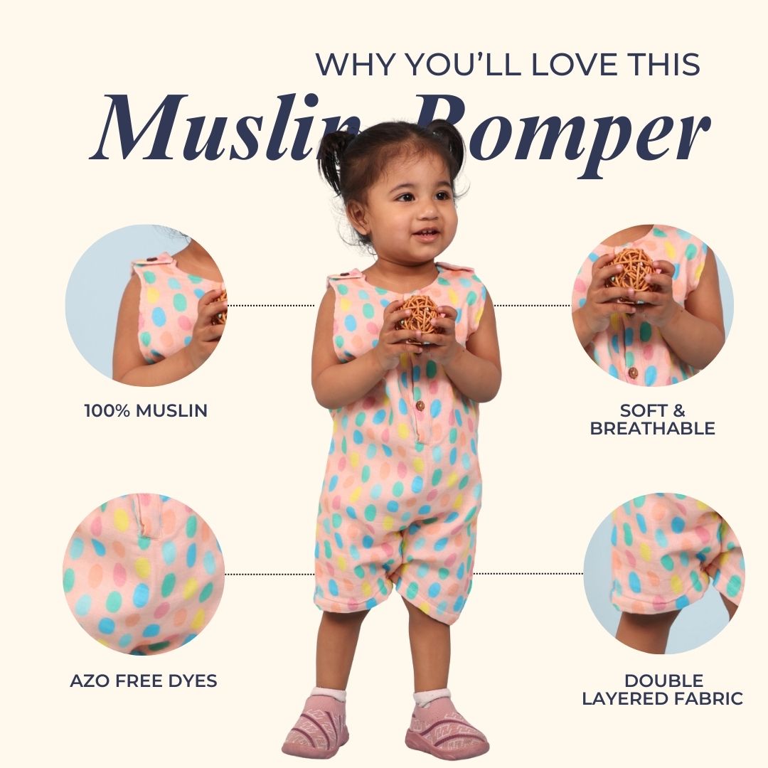 100% Cotton Muslin Double Layer Romper, Colorful Polka