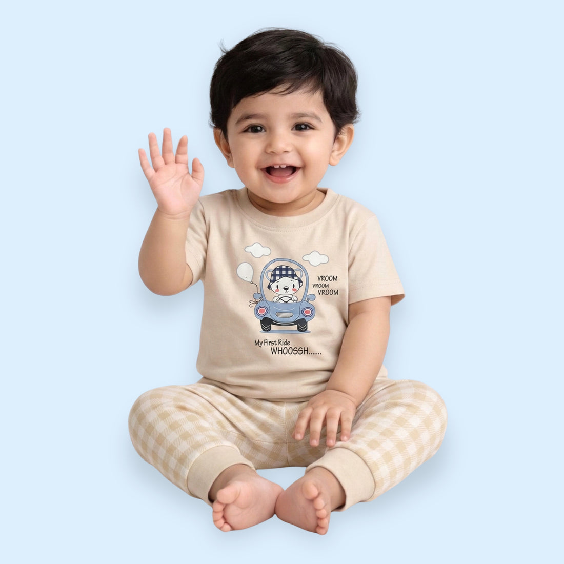 Beige Car Cotton Pyjama Set