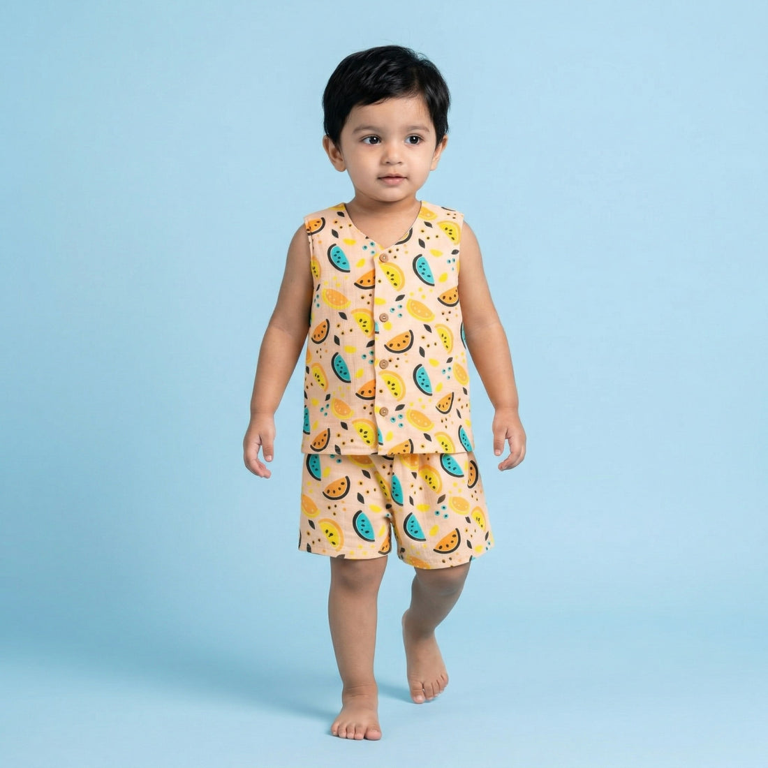 Vibrant Lemons Muslin Jhabla Top with Shorts